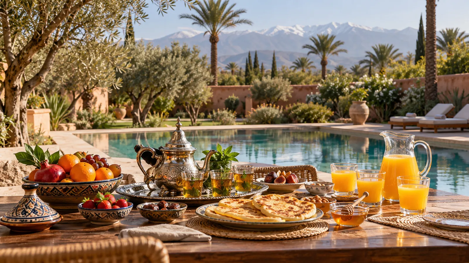 Breakfast laid out on a table beside a private villa pool near Marrakech, with olive trees and a walled garden behind