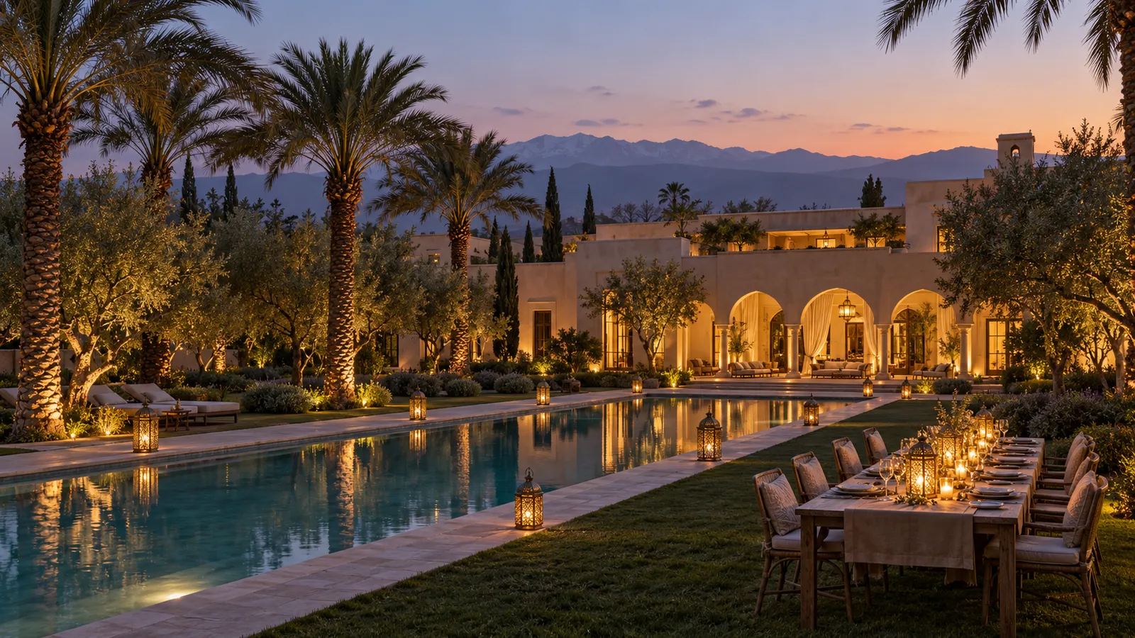 A long pool lined with palms and olive trees at a large walled estate outside Marrakech at dusk, lanterns on a dinner table on the lawn and the Atlas Mountains on the horizon